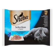 Állateledel alutasakos SHEBA Selection macskáknak 4-pack halas hal-lazac-tőkehal-tonhal válogatás 4x85g