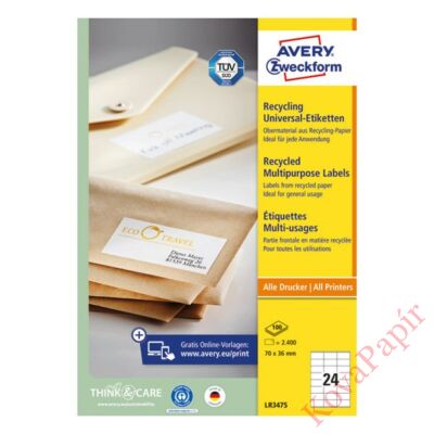 Etikett AVERY LR3475 70x36 mm környezetbarát 2400 címke/doboz 100 ív/doboz