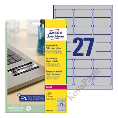 Etikett AVERY L6011-20 63,5x29,6mm lézer ezüst 540 címke/doboz 20 ív/doboz