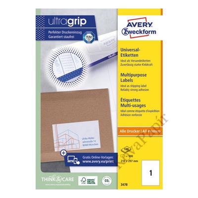 Etikett AVERY 3478 210x297mm univerzális 100 címke/doboz 100 ív/doboz
