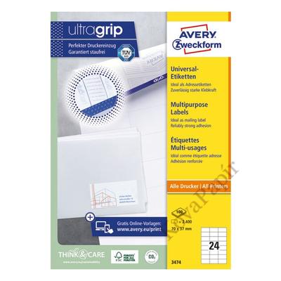 Etikett AVERY 3474 70x37mm univerzális 2400 címke/doboz 100 ív/doboz