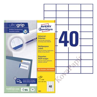 Etikett AVERY 3651 52,5x29,7mm univerzális fehér 4000 címke/doboz 100 ív/doboz