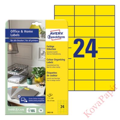 Etikett AVERY 3451-10 70x37mm univerzális sárga 240 címke/doboz 10 ív/doboz