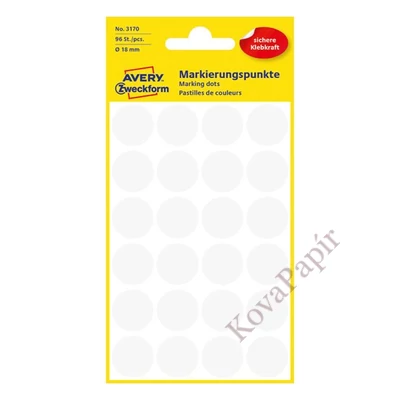 Etikett AVERY 3170 öntapadó jelölőpont fehér 18mm 96 jelölőpont/csomag