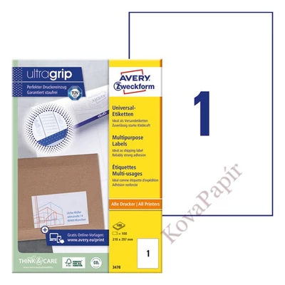 Etikett AVERY 3478 210x297mm univerzális 100 címke/doboz 100 ív/doboz