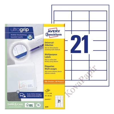 Etikett AVERY 3670 64x36mm univerzális 2100 címke/doboz 100 ív/doboz