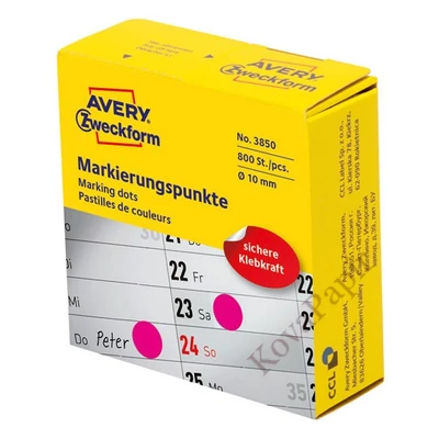 Etikett AVERY 3850 öntapadó jelölőpont adagoló dobozban pink 10mm 800 jelölőpont/doboz
