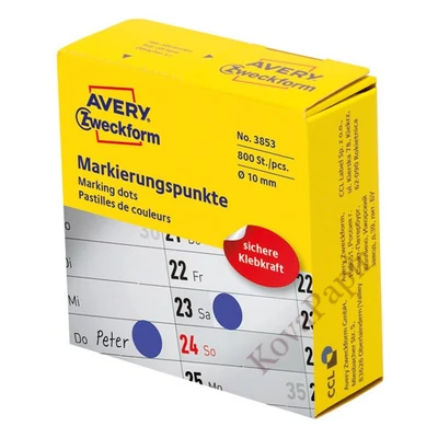 Etikett AVERY 3853 öntapadó jelölőpont adagoló dobozban kék 10mm 800 jelölőpont/doboz