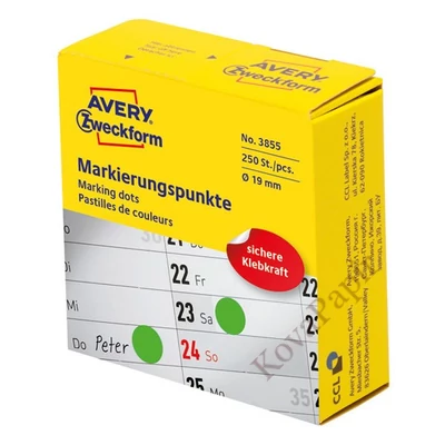 Etikett AVERY 3855 öntapadó jelölőpont adagoló dobozban zöld 19mm 250 jelölőpont/doboz