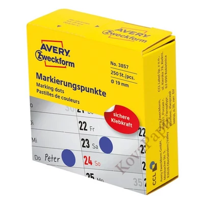 Etikett AVERY 3857 öntapadó jelölőpont adagoló dobozban kék 19mm 250 jelölőpont/doboz