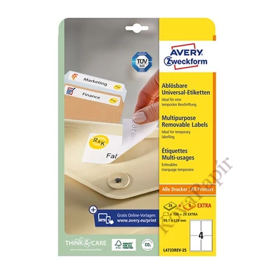Etikett AVERY L4733REV-25 99,1x139 mm univerzális visszaszedhető 30 lapos