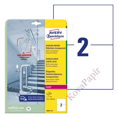 Etikett AVERY L8012-10 210x148mm antimikrobiális átlátszó 20 címke/doboz 10 ív/doboz