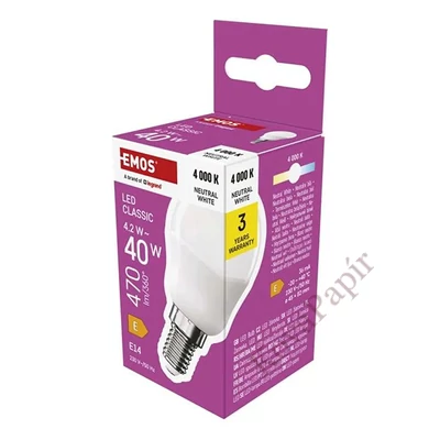 LED izzó EMOS E14 kisgömb 4,2W természtes fény 4000K