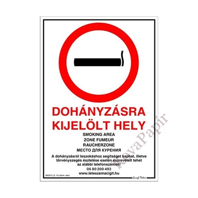 Matrica Dohányzásra kijelölt hely fehér piros A/4 ÚJ